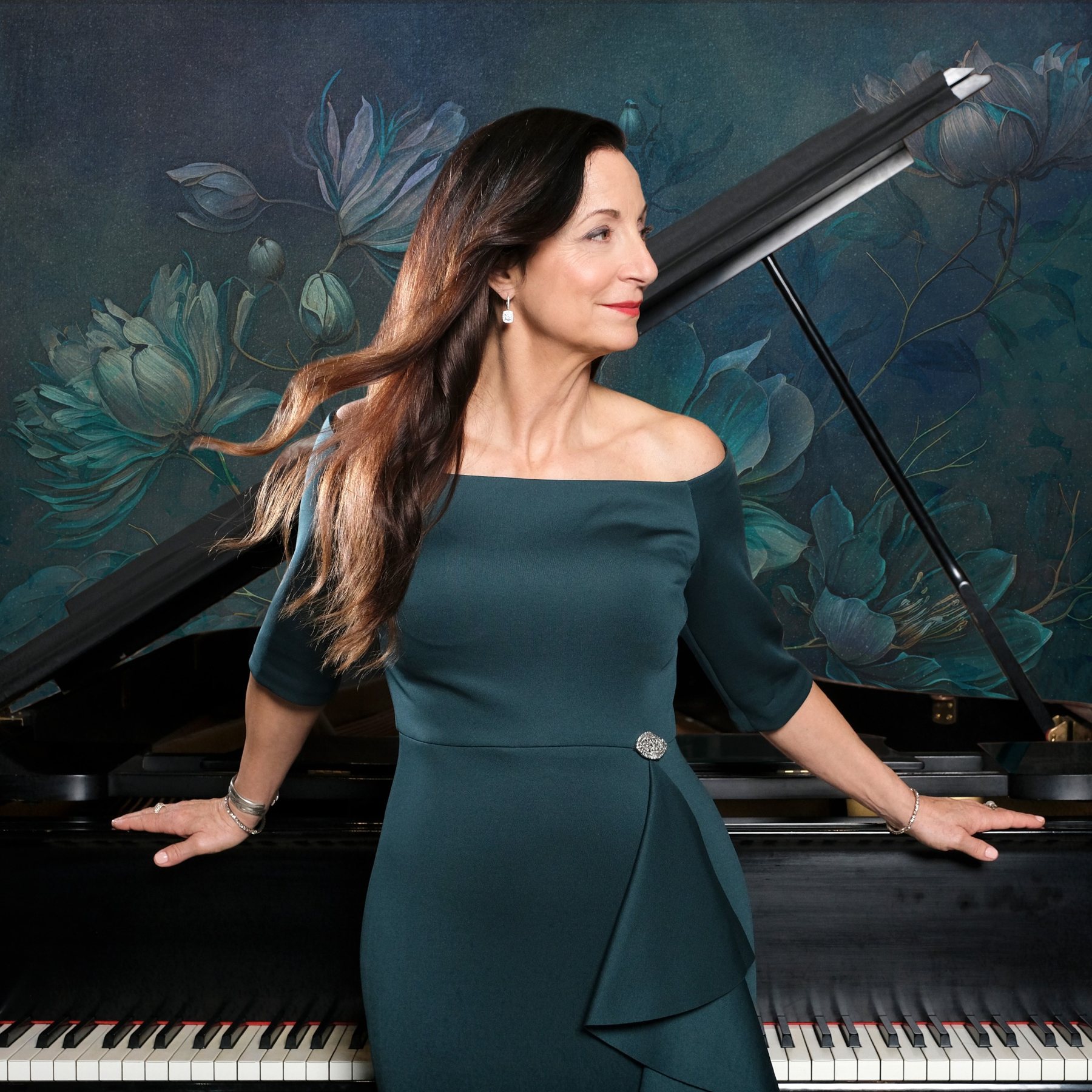 Composer and pianist Lori-Ann Speed beside her grand piano